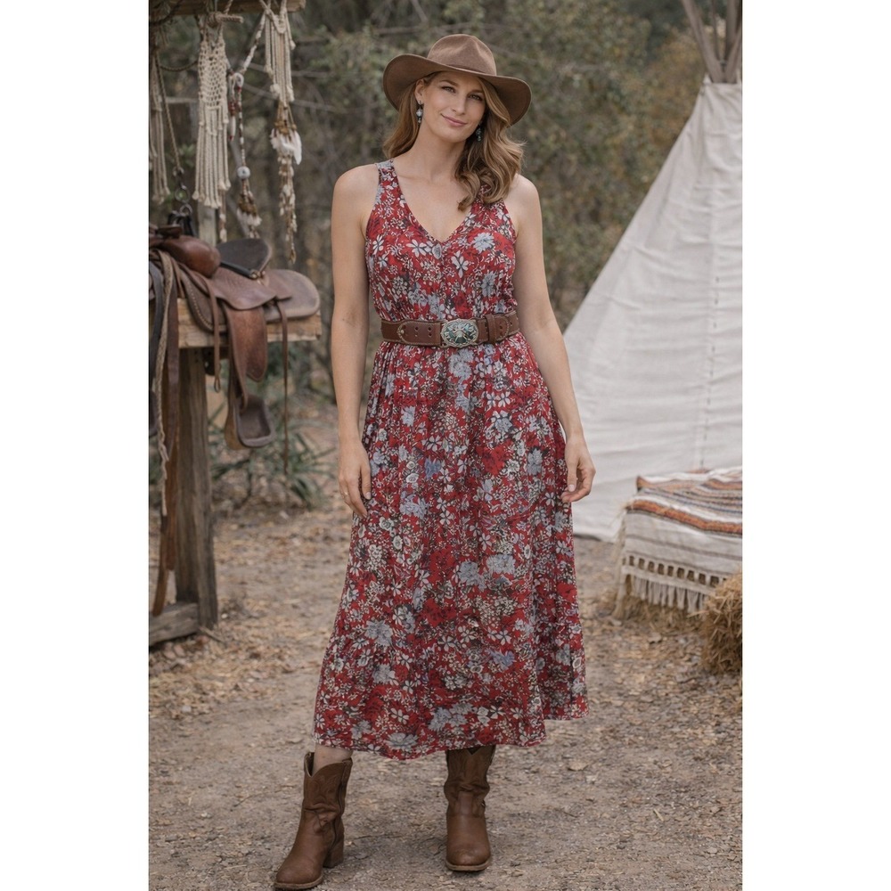 Boho Western Cottagecore Prairie Cowgirl Red‎ Floral Racer Back XS Maxi Dress
